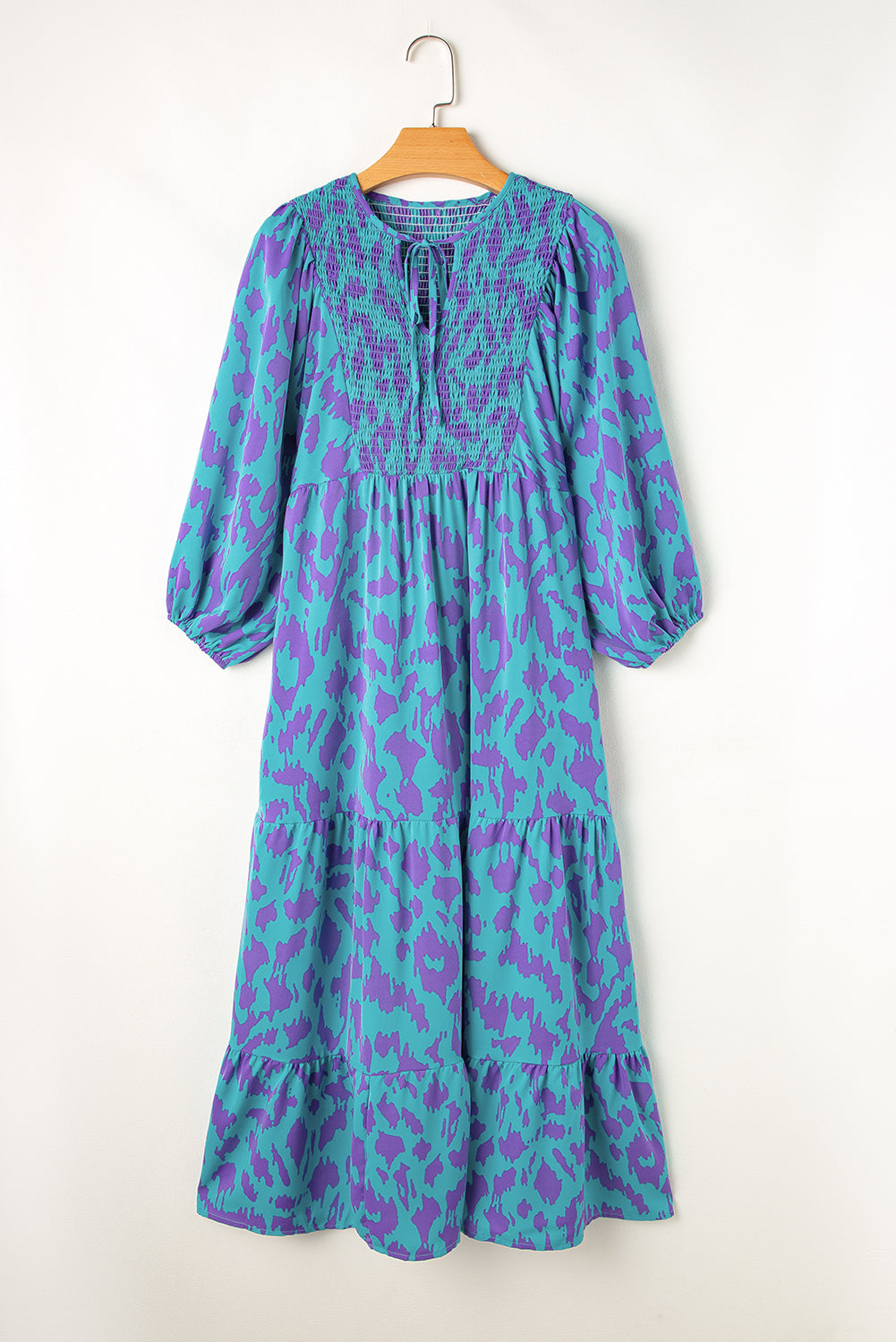 Abstract Print Puff Sleeve Tied Notched Neck Long Dress