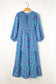 Abstract Print Puff Sleeve Tied Notched Neck Long Dress