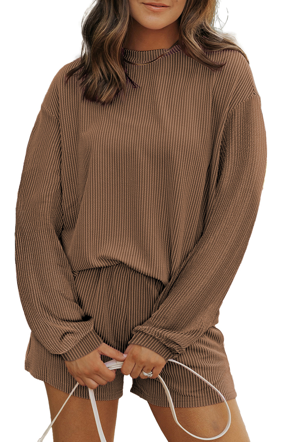 Casual Corded Knit Long Sleeve Top and High Waist Shorts Set