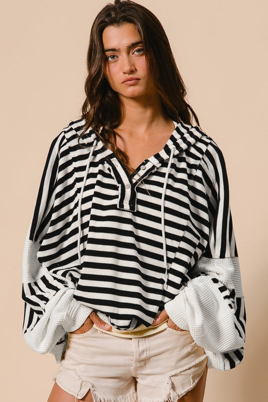 Black White Striped Waffle Patchwork Baggy Hooded Top