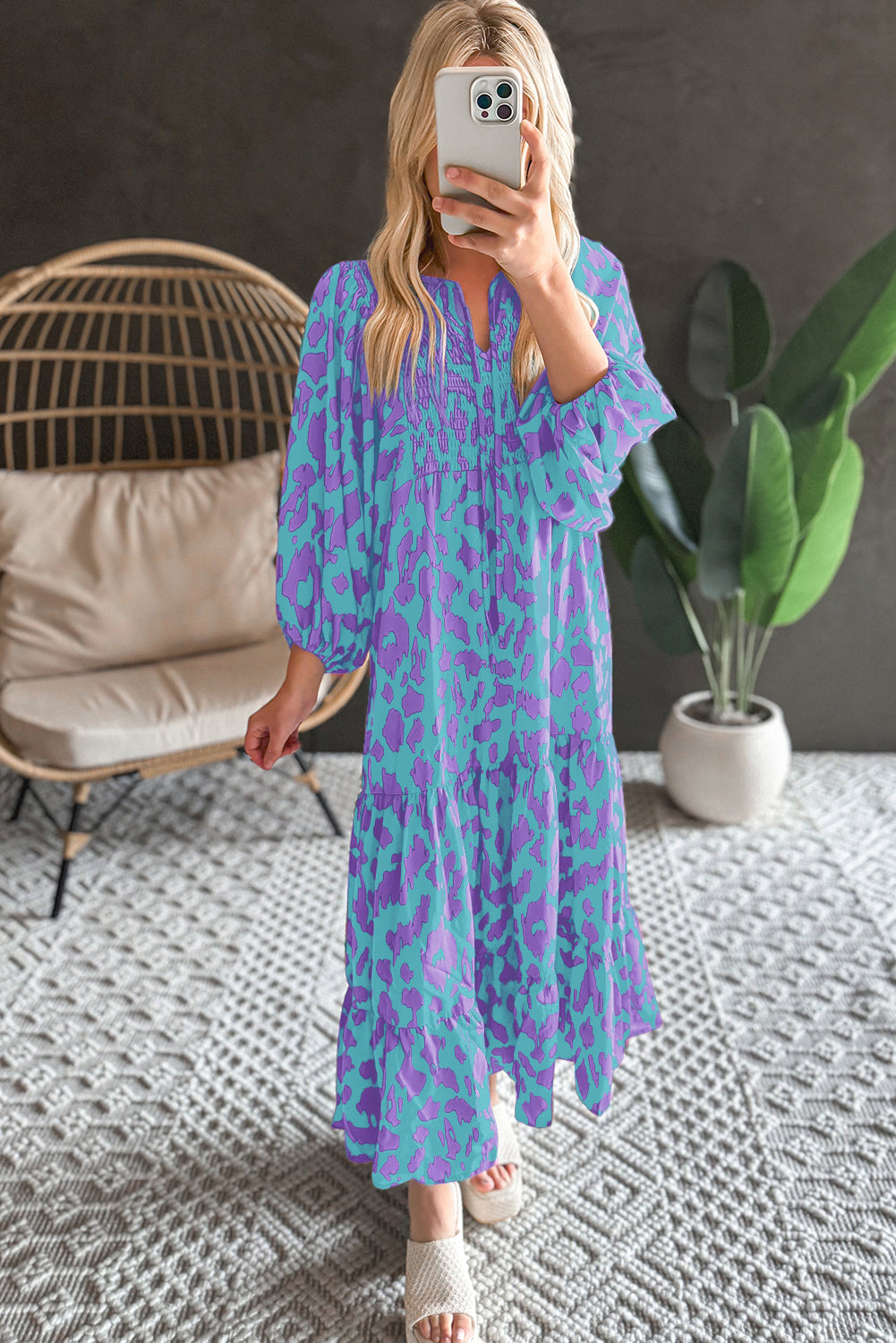 Abstract Print Puff Sleeve Tied Notched Neck Long Dress