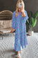 Abstract Print Puff Sleeve Tied Notched Neck Long Dress