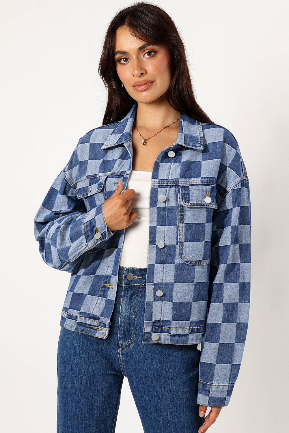 Black Checkered Patchwork Button Up Denim Jacket