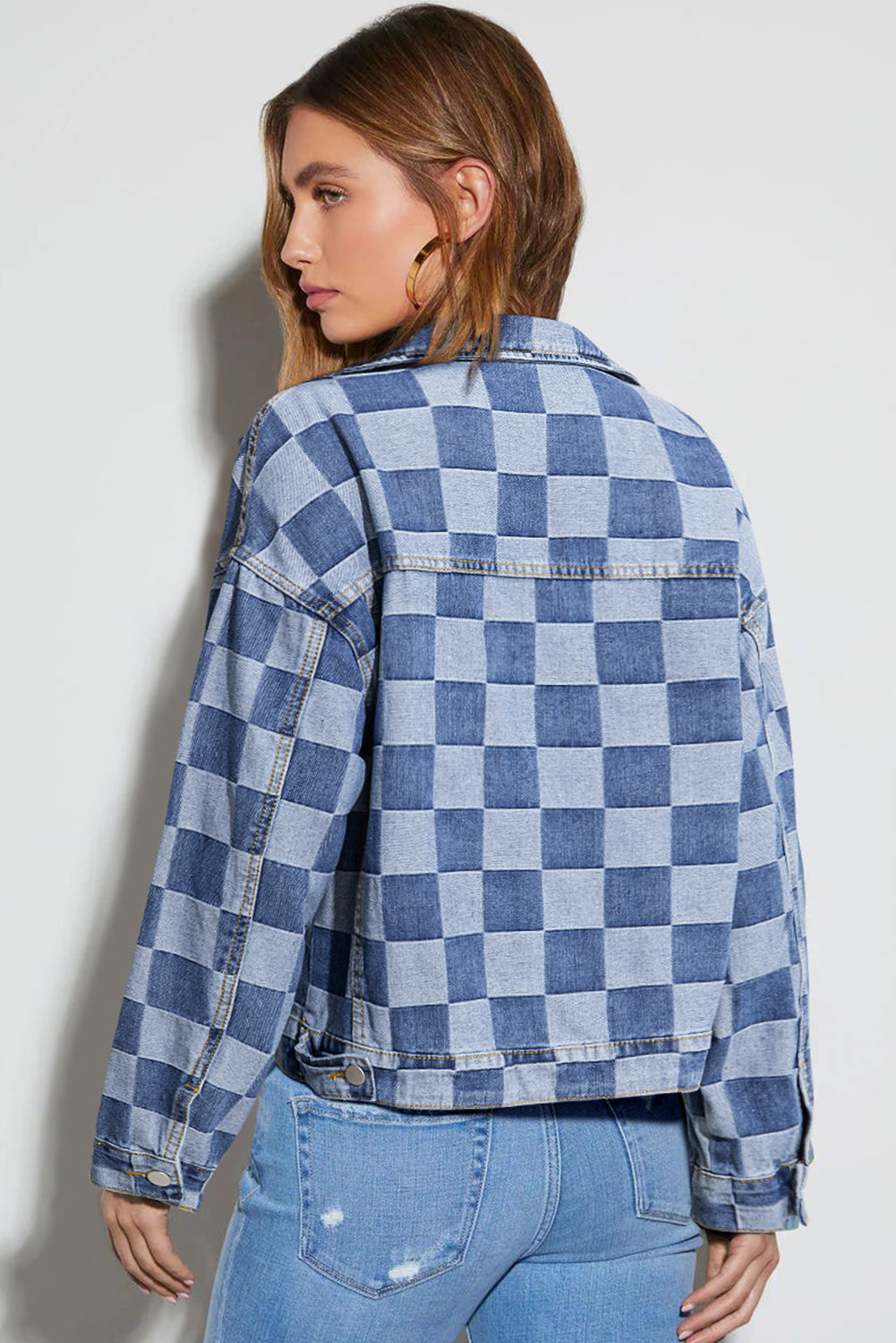Black Checkered Patchwork Button Up Denim Jacket