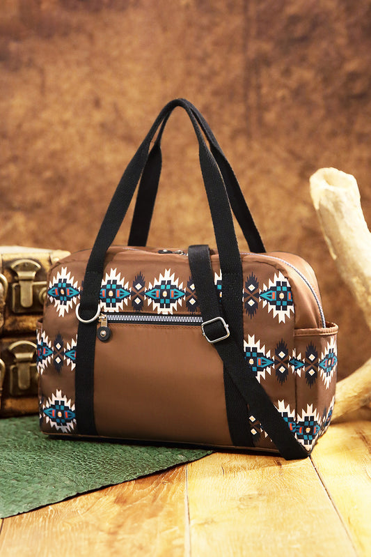 Coffee Aztec Print PU Leather Large Travel Duffel Bag