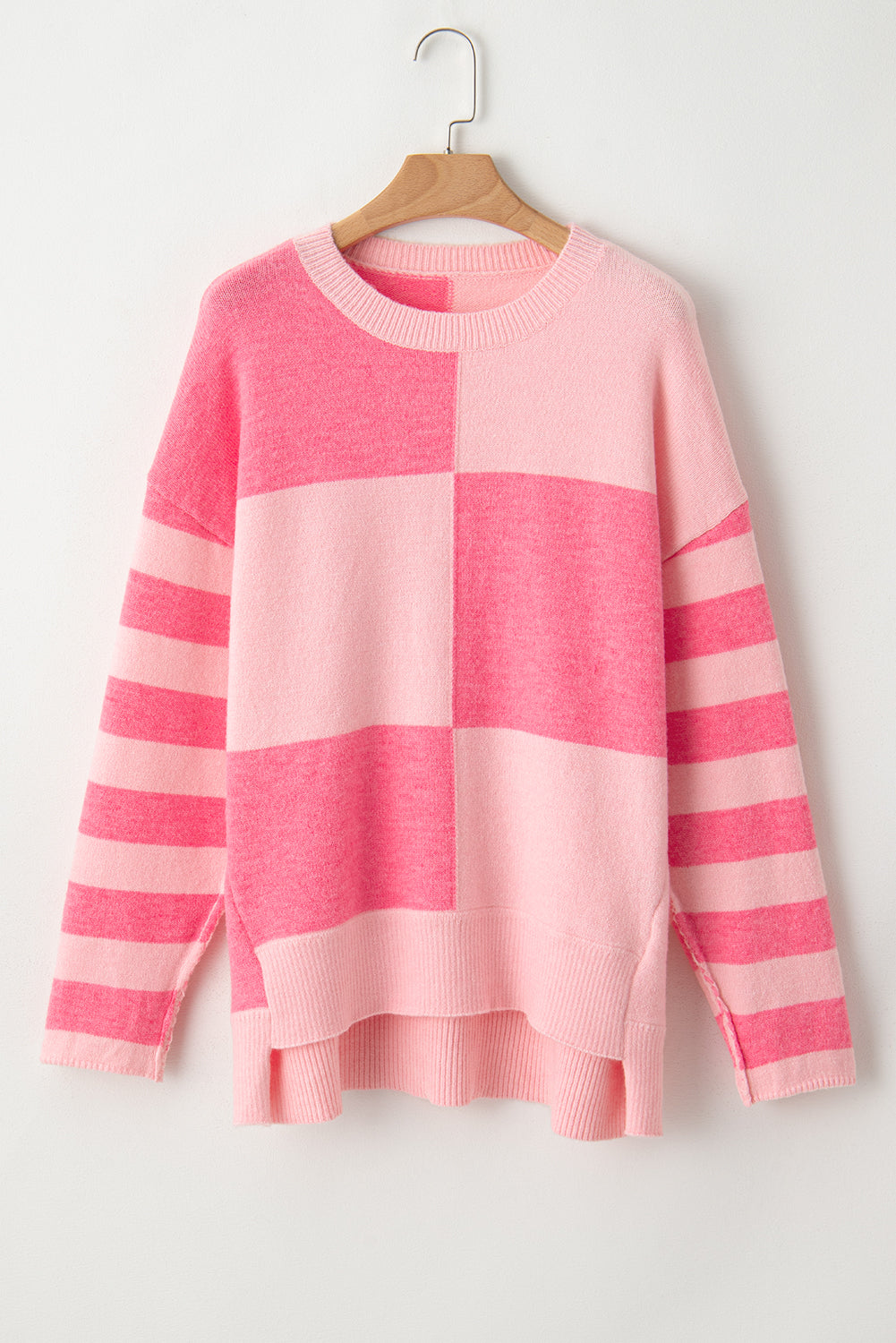 Checkered Colorblock Striped High Low Loose Sweater