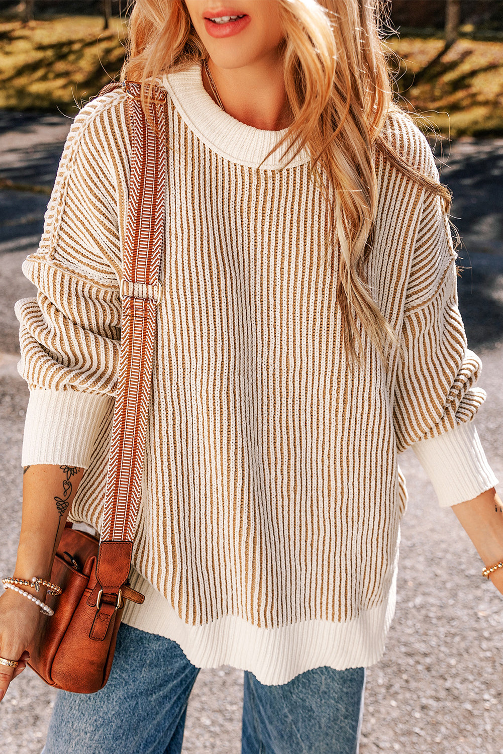 Chestnut Striped Textured Knit Contrast Edge Loose Sweater – KD&Me