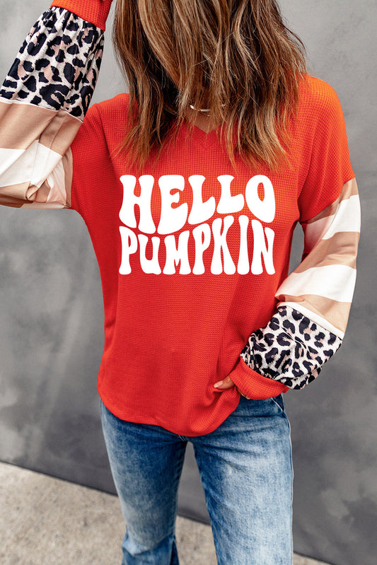 Hello Pumpkin Graphic Leopard Striped Colorblock Sleeve V Neck Top