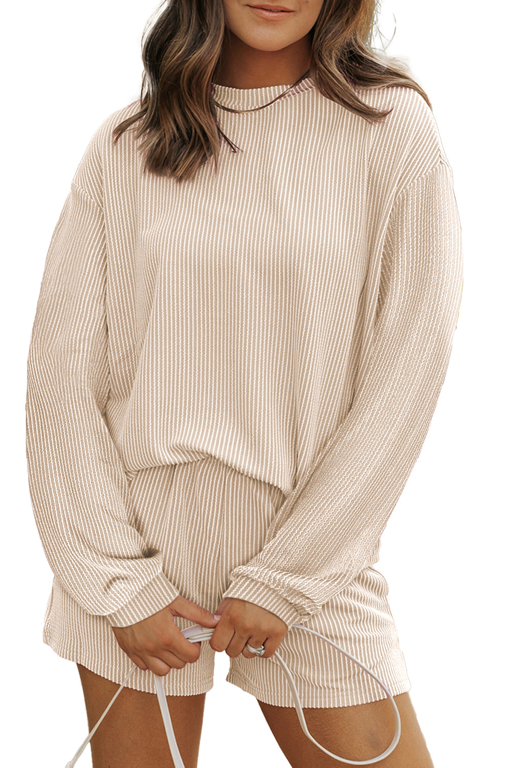 Casual Corded Knit Long Sleeve Top and High Waist Shorts Set