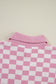 Pink Checkered Buttons Collar V Neck Drop Shoulder Sweater
