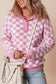 Pink Checkered Buttons Collar V Neck Drop Shoulder Sweater