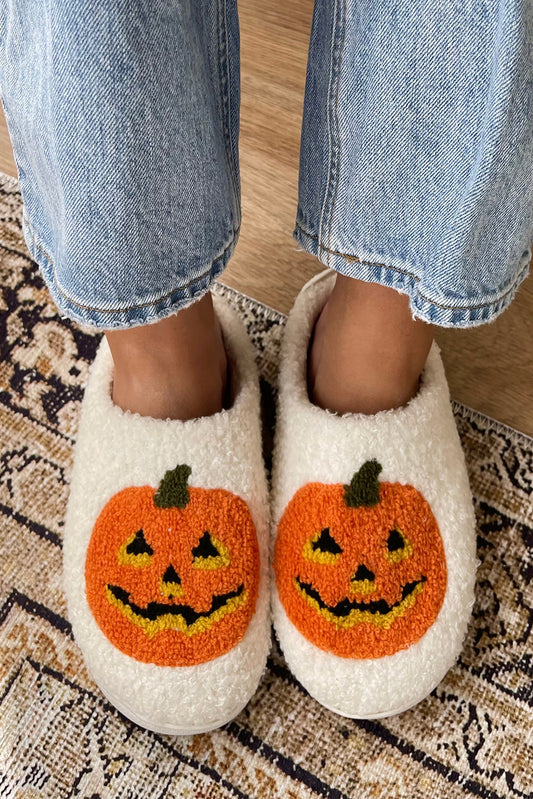 Halloween Pumpkin Print Plush Slippers (Runs Small, Size Up)