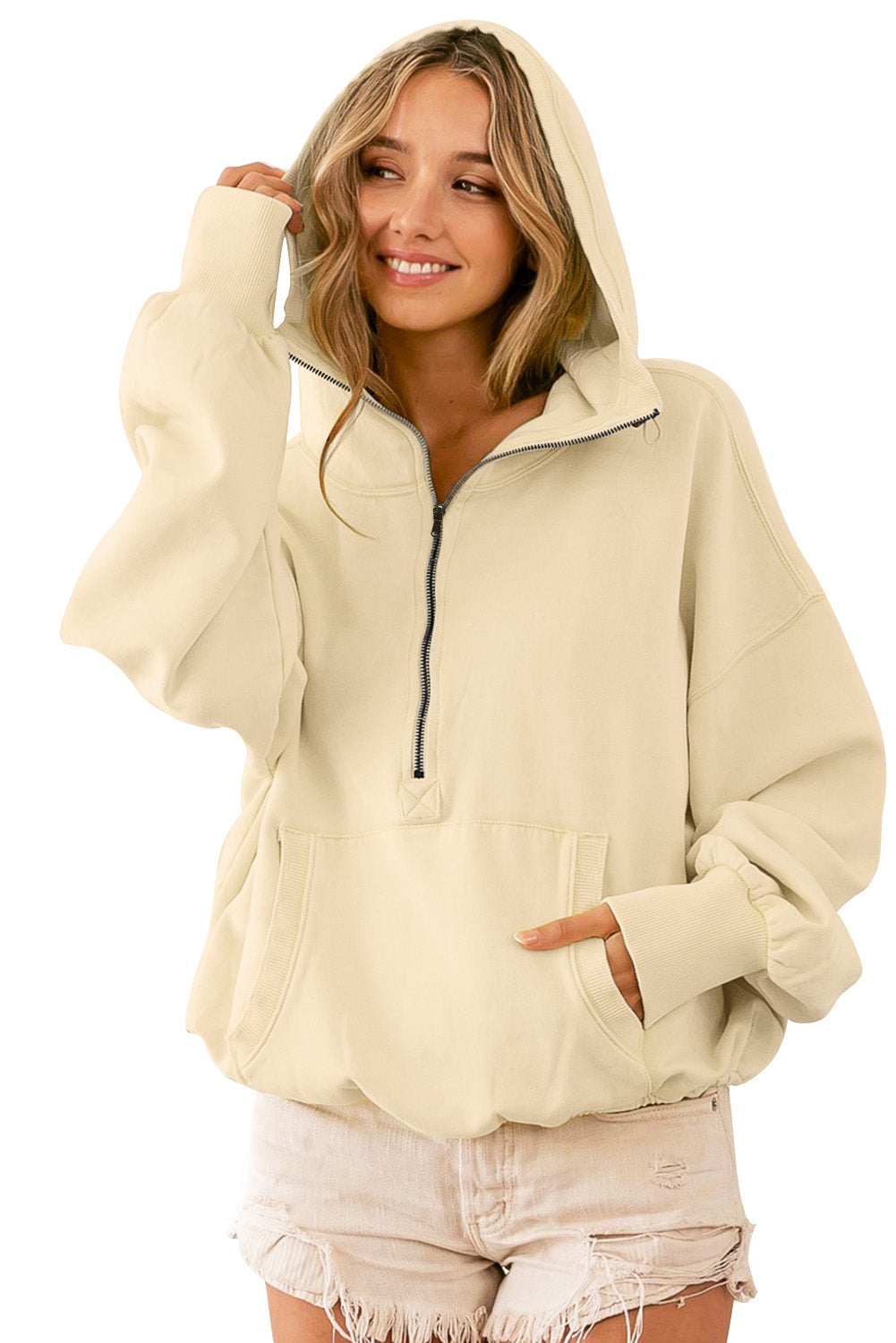 Yellow Ribbed Trim Kangaroo Pocket Zipped Hoodie