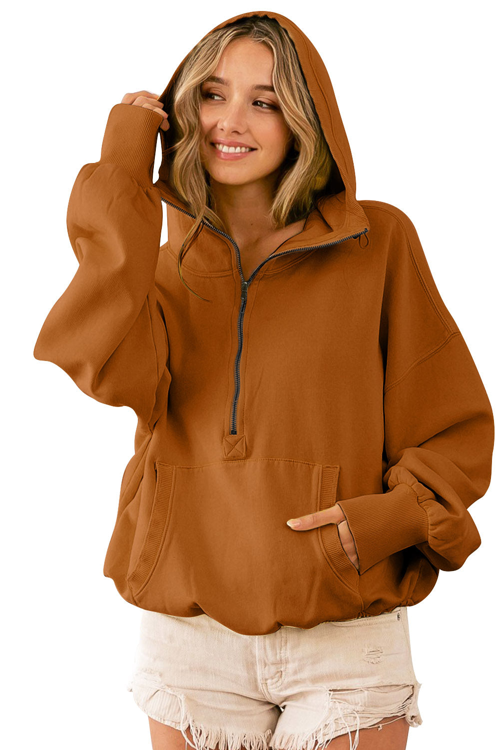 Yellow Ribbed Trim Kangaroo Pocket Zipped Hoodie