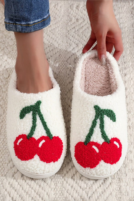 White Cute Fruit Cherry Open Heel Plush Slippers