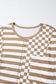 Khaki Checkerboard Striped Patchwork Lantern Sleeve Pocketed Blouse
