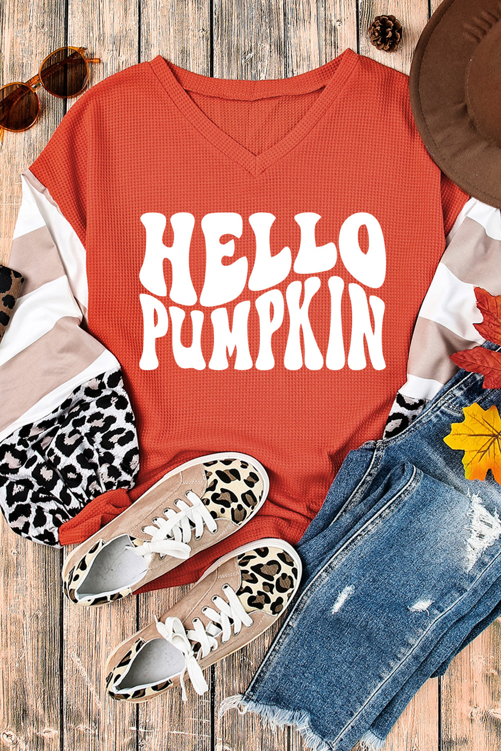 Hello Pumpkin Graphic Leopard Striped Colorblock Sleeve V Neck Top