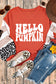 Hello Pumpkin Graphic Leopard Striped Colorblock Sleeve V Neck Top