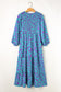 Abstract Print Puff Sleeve Tied Notched Neck Long Dress
