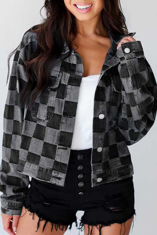 Black Checkered Patchwork Button Up Denim Jacket