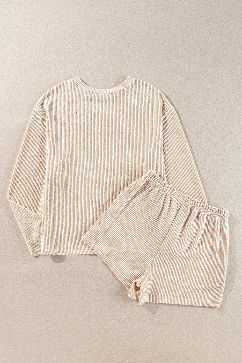 Casual Corded Knit Long Sleeve Top and High Waist Shorts Set