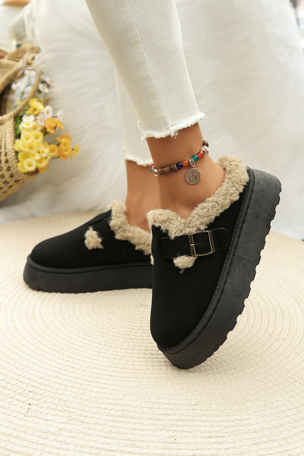 Brown Plush Patched Buckle Decor Thick Sole Thermal Slippers