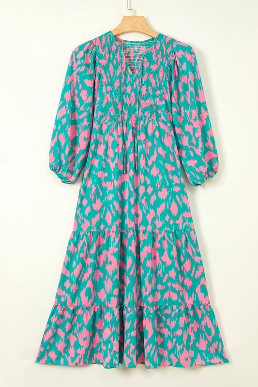 Abstract Print Puff Sleeve Tied Notched Neck Long Dress