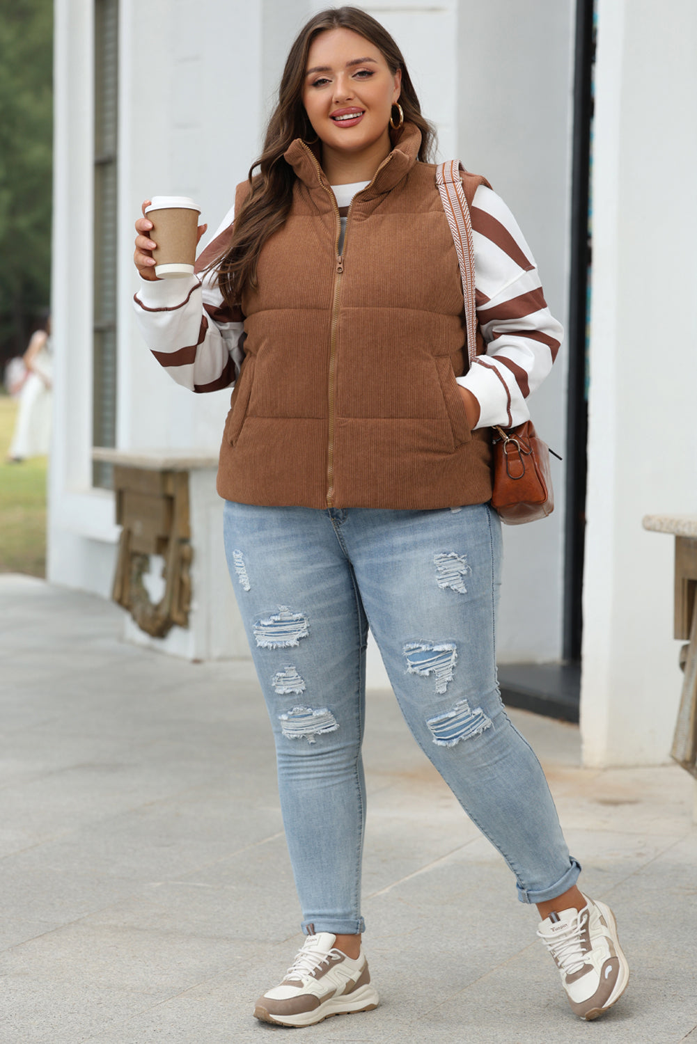 Coffee Corduroy Stand Neck Zipped Puffer Vest